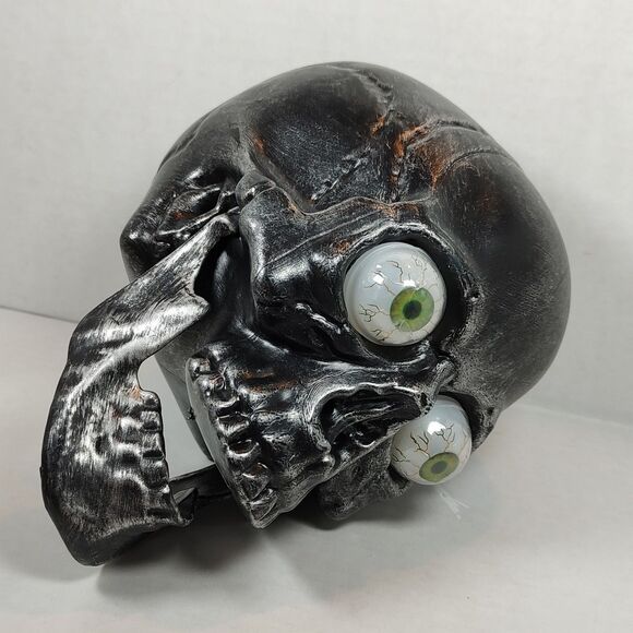 Old East Main Co Black Plastic 7 inch Skull Halloween Tabletop Decor Green Eyes - Picture 4 of 14
